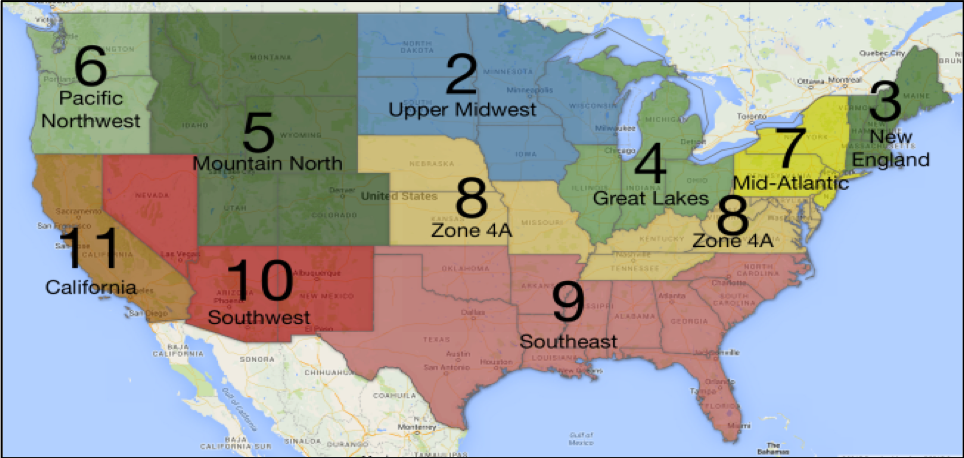 List of US Regions: 2 – Upper Midwest, 3 – New England, 
                4 – Great Lakes, 5 – Mountain North 6 – Pacific Northwest, 7 – Mid-Atlantic, 8 – Zone 4A, 9 – Southeast, 10 – Southwest, 11 – California.